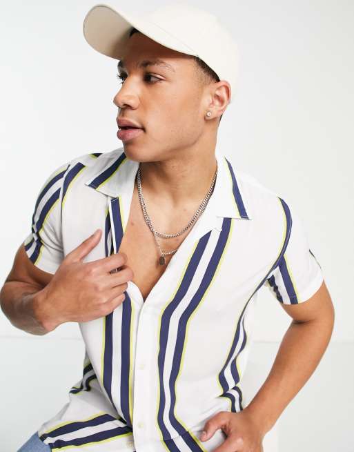 Selected Homme - Chemise avec col à revers - Blanc avec rayures bleu marine et jaune 