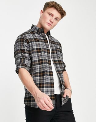 Chemises à carreaux Selected Homme - Chemise coupe classique à carreaux en coton biologique effet brossé - Gris