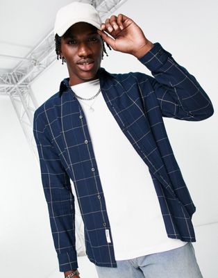 Selected Homme windowpane twill check shirt in navy  - ASOS Price Checker