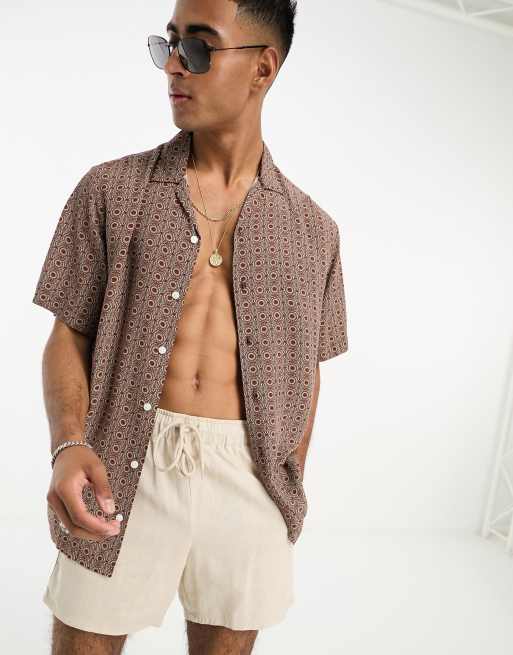 Selected Homme - Chemise manches courtes à imprimé mandala - Marron