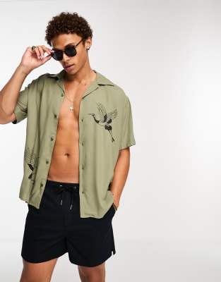 Selected Homme revere collar oversized shirt with bird print in khaki - ASOS Price Checker