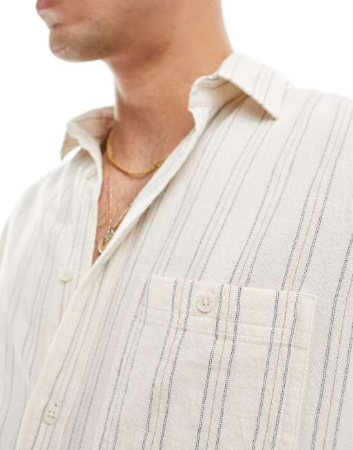 Selected Homme - Chemise texturée rayée à manches longues - Écru, 2 de 4