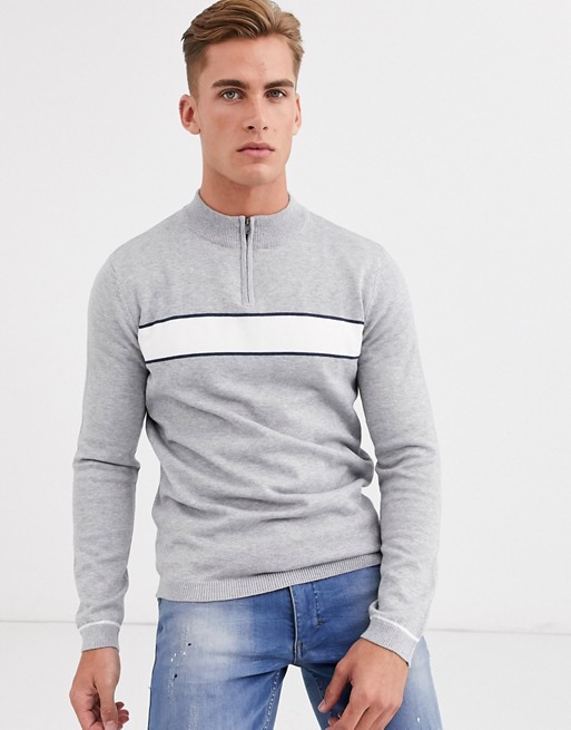 Selected Homme chest stripe quarter zip jumper in grey