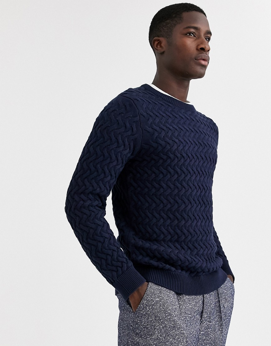 Selected Homme chunky cable knitted jumper in navy