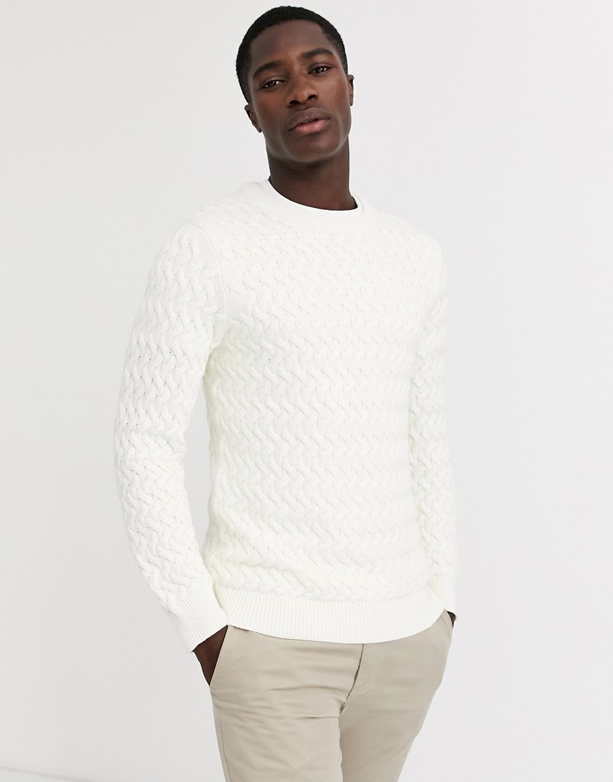 Selected Homme chunky cable knitted jumper in white