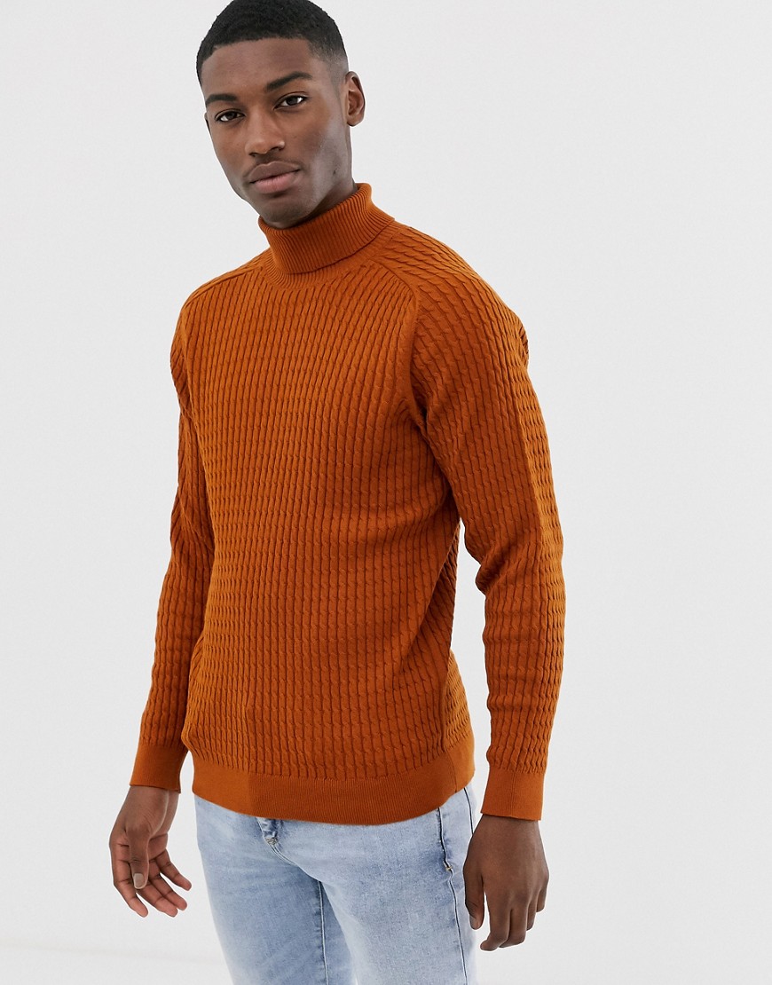 Selected Homme chunky cable knitted roll neck in caramel-Tan
