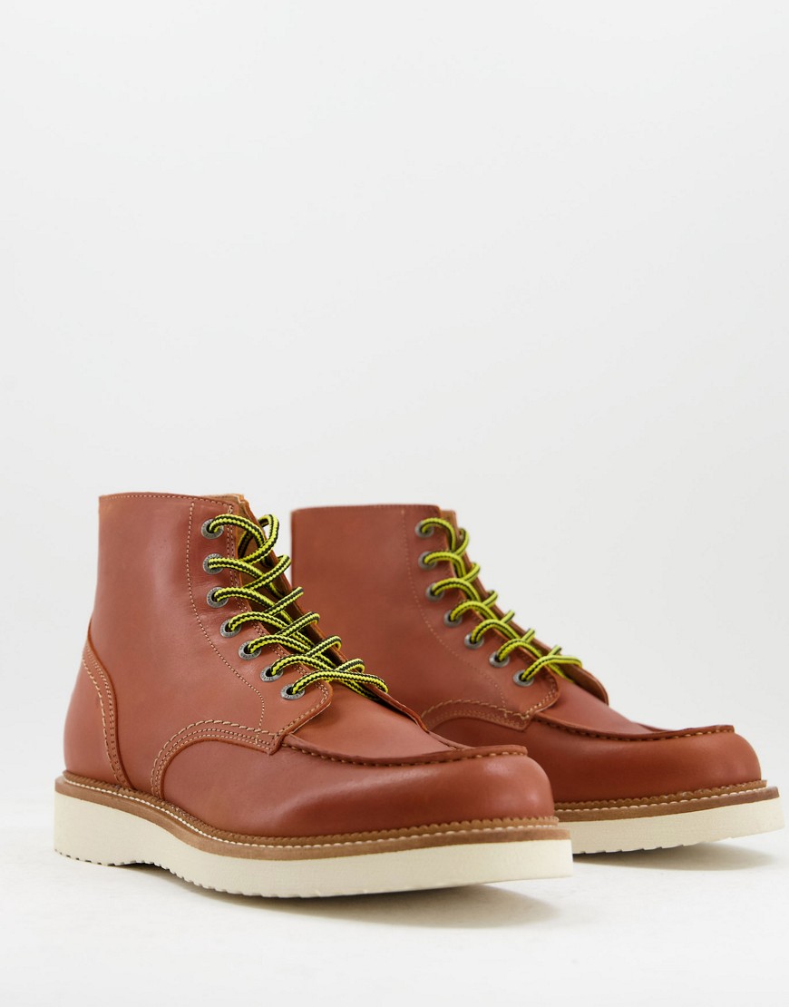 Selected Homme chunky contrast sole boots with yellow lace in tan-Brown