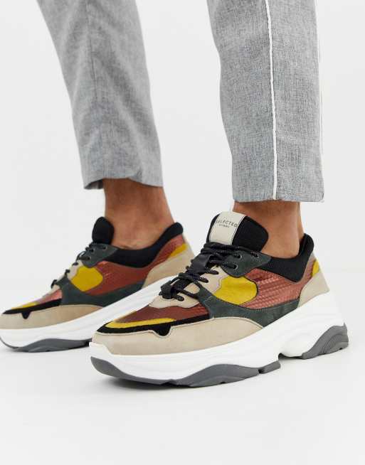 Selected Homme chunky sole multi colour premium leather trainer | ASOS