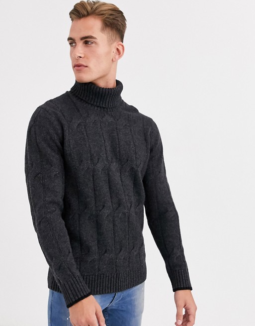 Selected Homme chunky wool roll neck knitted jumper in grey