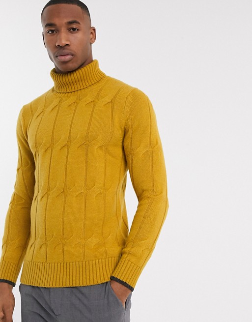 Selected Homme chunky wool roll neck knitted jumper in tan