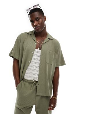 Selected Homme co-ord boxy revere collar waffle shirt in khaki