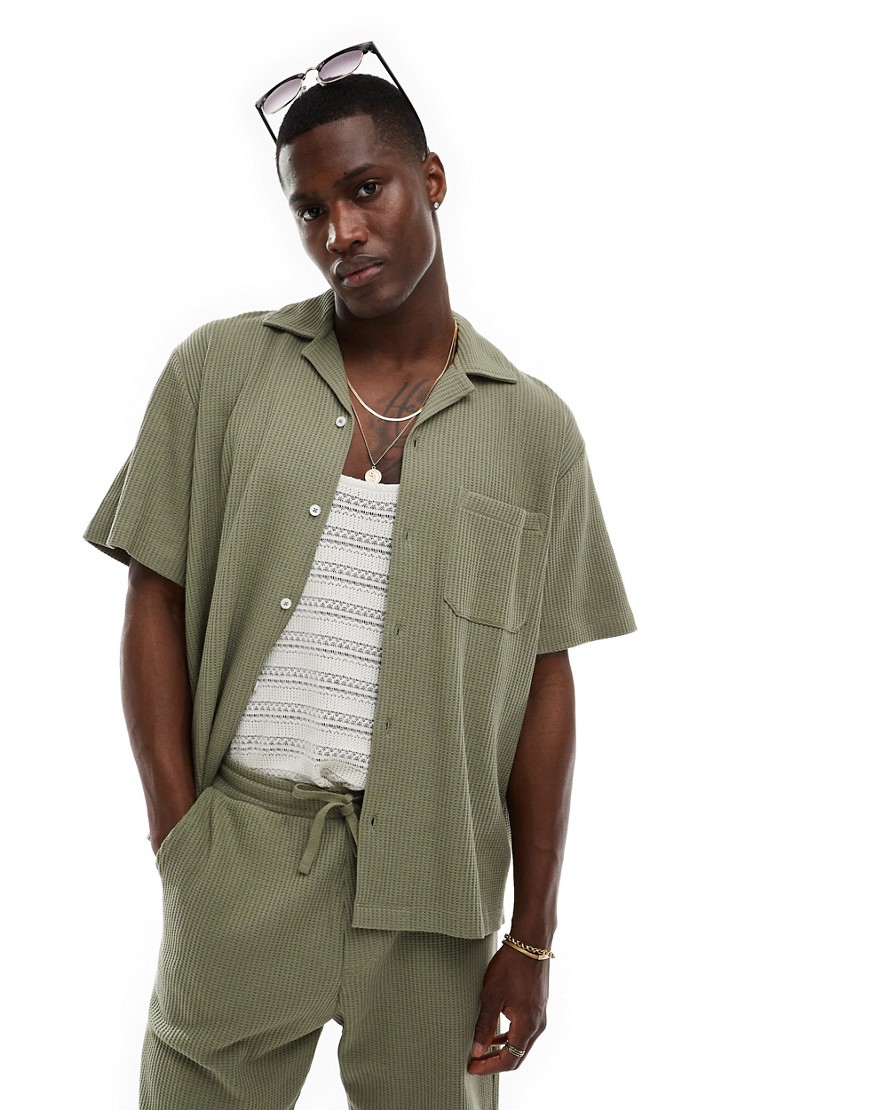 Selected Homme co-ord boxy revere collar waffle shirt in khaki-Green