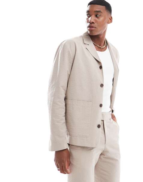 Selected Homme co-ord causal seersuker jacket in beige  - view 1