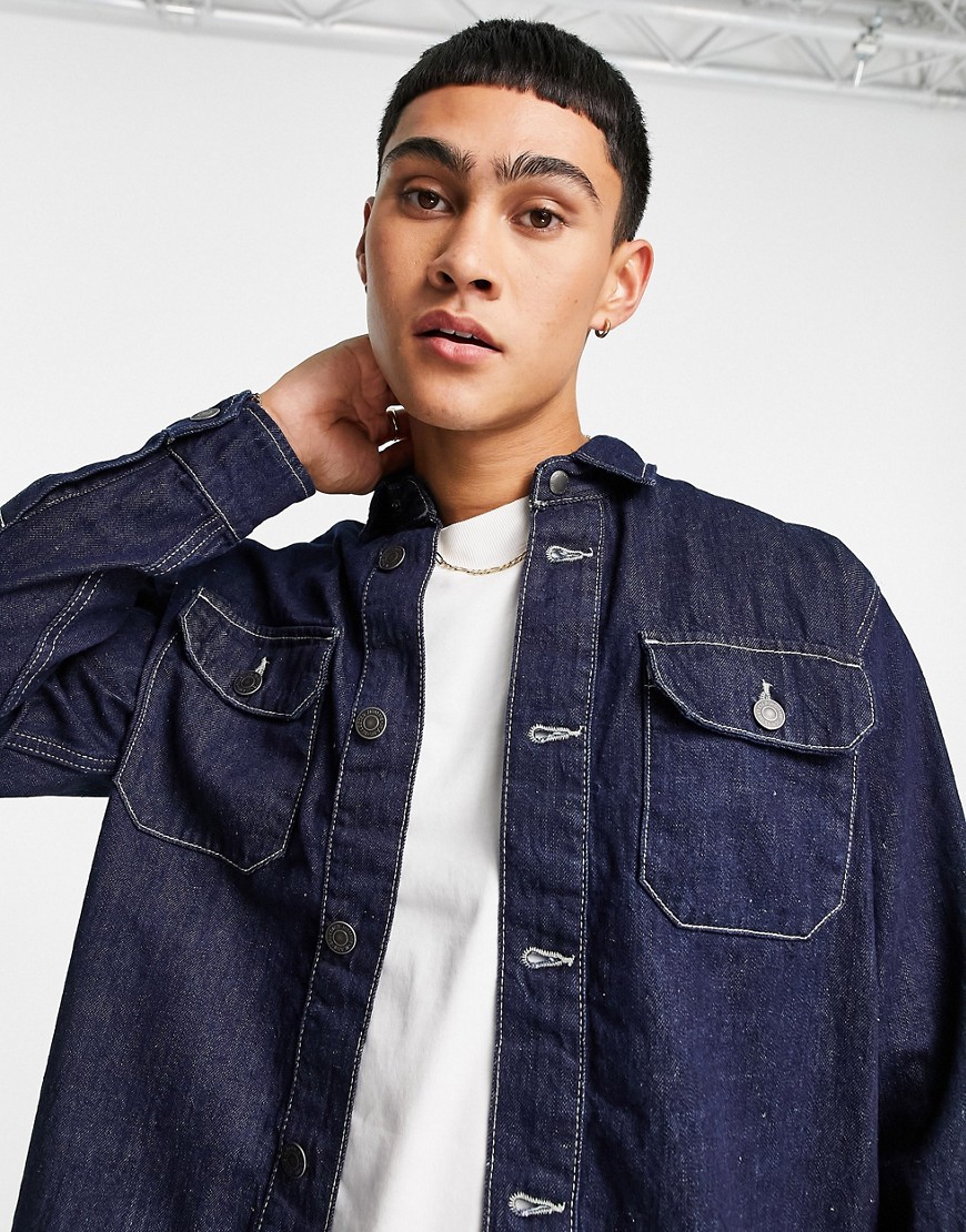 Selected Homme co-ord denim worker jacket in dark blue with contrast stitch