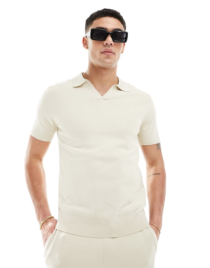 Selected Homme co-ord knitted revere polo in beige-Neutral