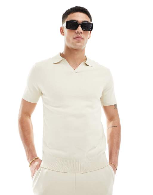 Selected Homme co ord knitted revere polo in beige ASOS