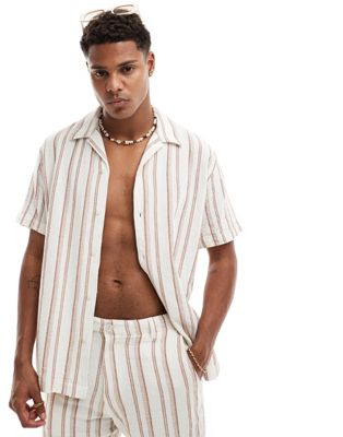 Selected Homme co-ord oversized revere collar textured shirt in off white stripe