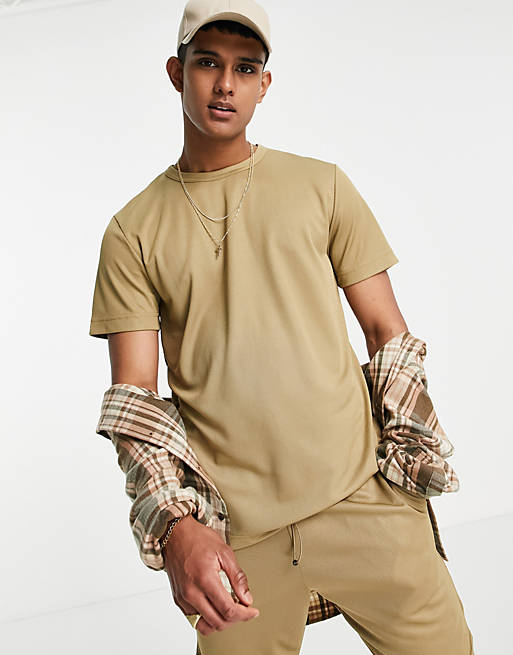 Selected Homme co-ord poly t-shirt in beige - BEIGE