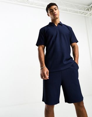 Selected Homme co-ord revere collar plisse polo in navy