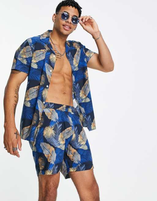 Selected Homme co ord short in leaf print blue ASOS