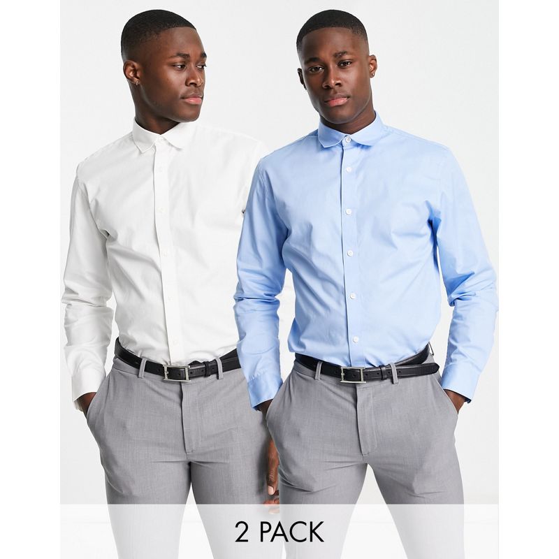 Camicie 5MSKM Selected Homme - Confezione da 2 camicie slim bianca e blu in misto cotone organico