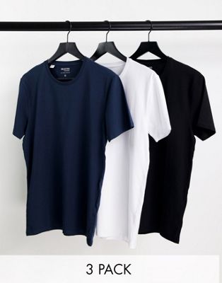 Selected Homme cotton blend 3 pack t-shirts in black, white and navy - MULTI - ASOS Price Checker