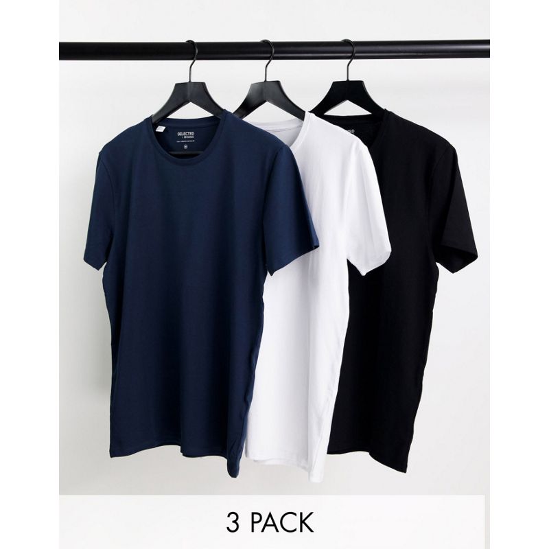 Abbigliamento da casa CLHqd Selected Homme - Confezione da tre T-shirt in misto cotone organico in nero, bianco e blu navy