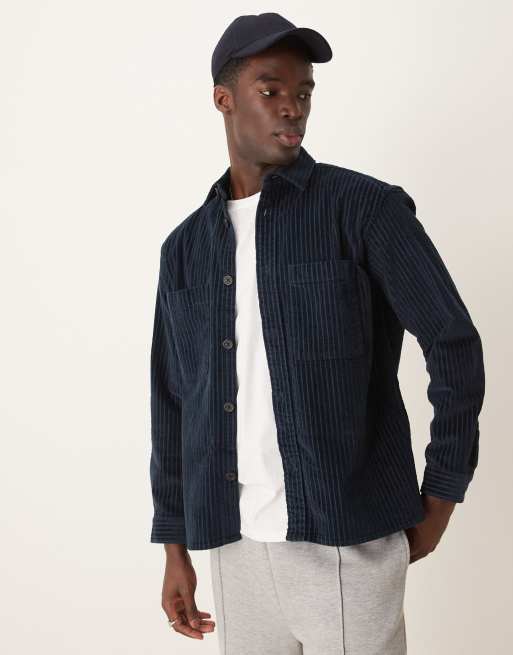 Selected Homme – Cord-Hemdjacke in Marineblau mit Nadelstreifen