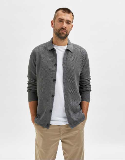 Selected Homme cotton blend button through collared cardigan in dark grey CHARCOAL