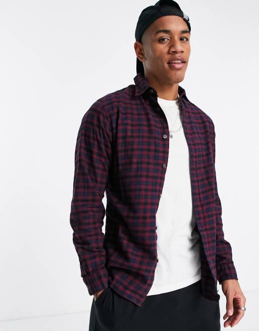 Selected Homme cotton blend check shirt in regular fit burgundy BURGUNDY