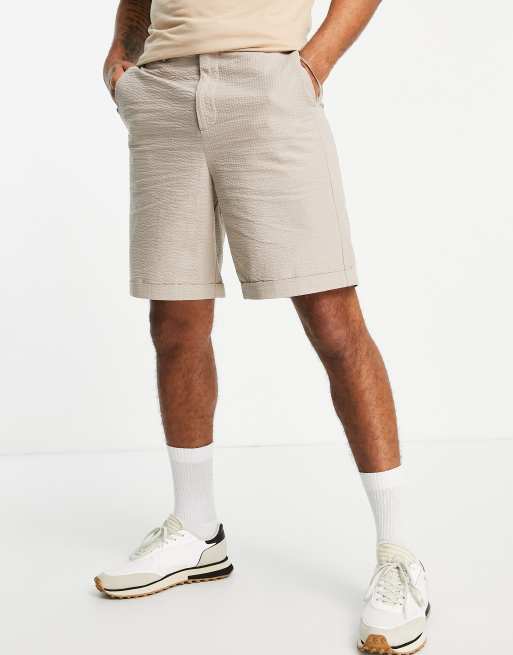 Selected Homme cotton blend loose fit seersucker shorts in beige