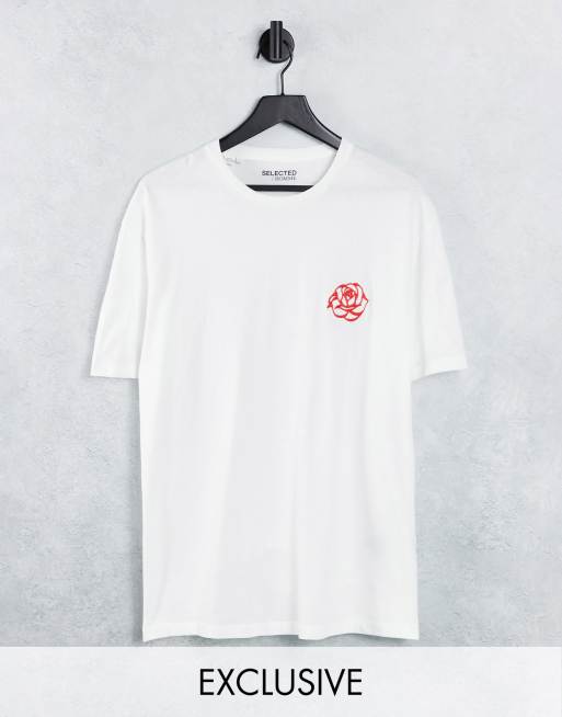 Selected Homme cotton blend oversized t-shirt with rose embroidery in white Exclusive at ASOS - WHITE