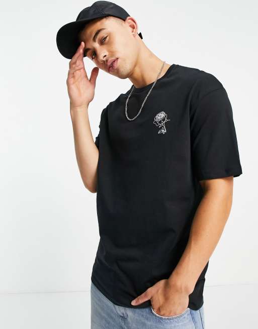 Selected Homme cotton blend oversized t shirt with rose sketch