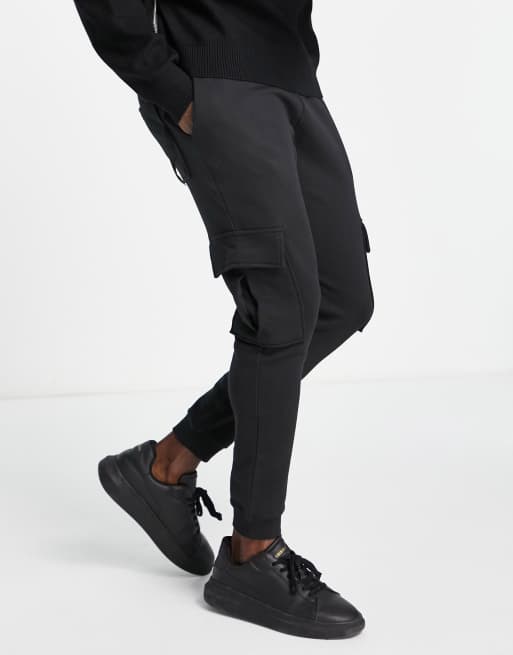 Selected Homme cotton blend slim fit jersey cargo joggers in black