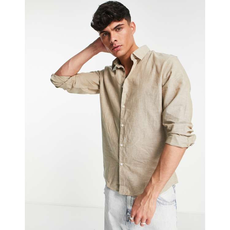 Selected Homme cotton blend slim fit linen shirt in beige - BEIGE