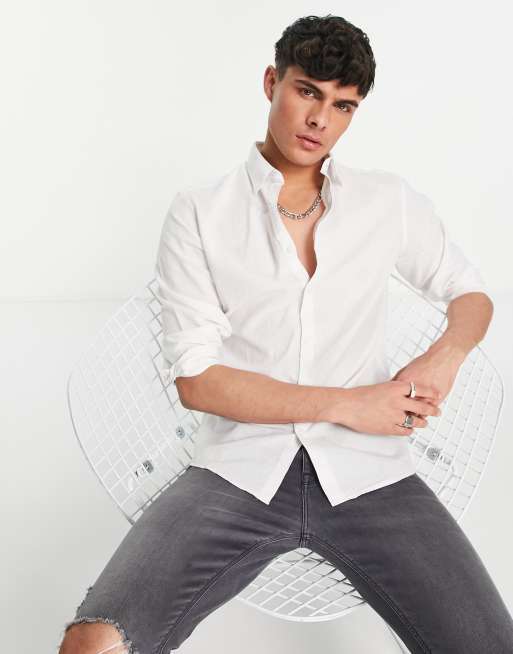 Selected Homme cotton blend slim fit linen shirt in white - WHITE
