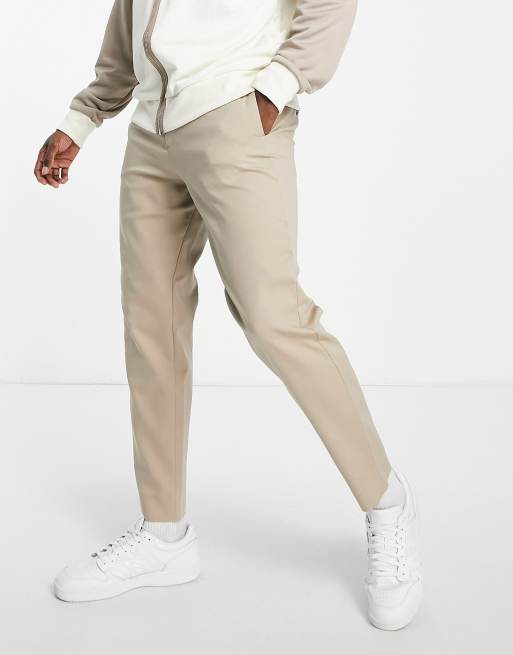 Selected Homme cotton blend smart pants in slim tapered fit with  elasticated waist in sand