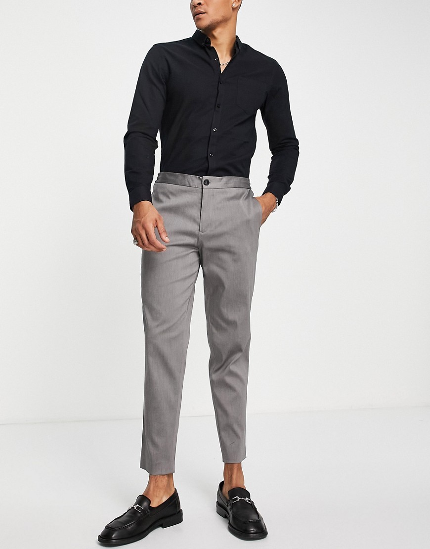 Selected Homme cotton blend smart trousers in slim tapered fit with elasticated waist in grey - GREY