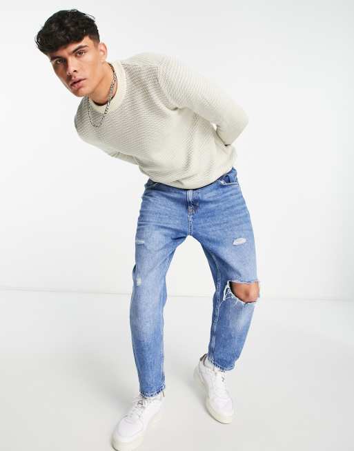 Selected Homme cotton blend textured jumper in ecru - STONE