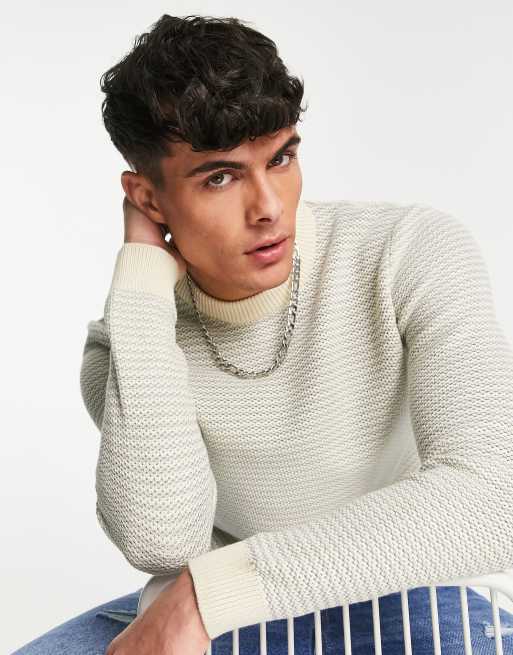 Selected Homme cotton blend textured sweater in ecru - STONE, 2 of 4