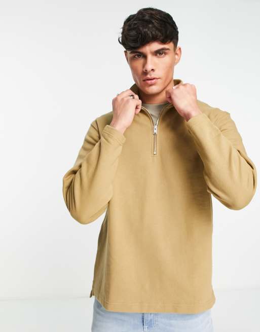 Selected Homme cotton high neck 1 4 zip sweatshirt in tan TAN ASOS