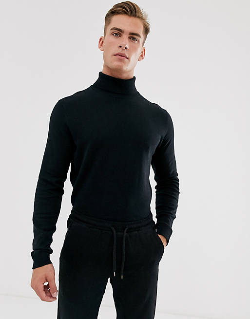 Selected Homme cotton knitted roll neck in black | ASOS