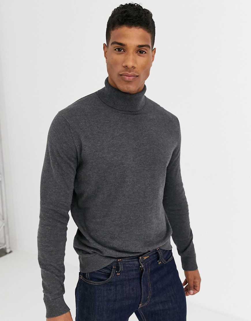Selected Homme cotton knitted roll neck in gray