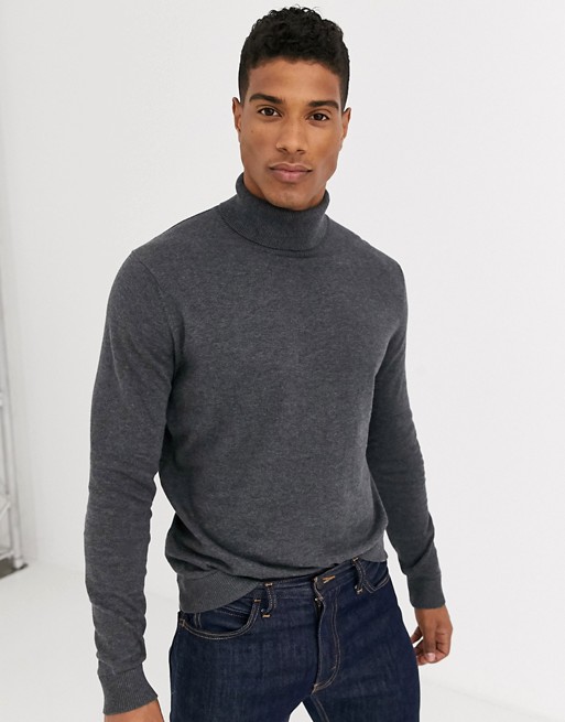 Selected Homme cotton knitted roll neck in grey