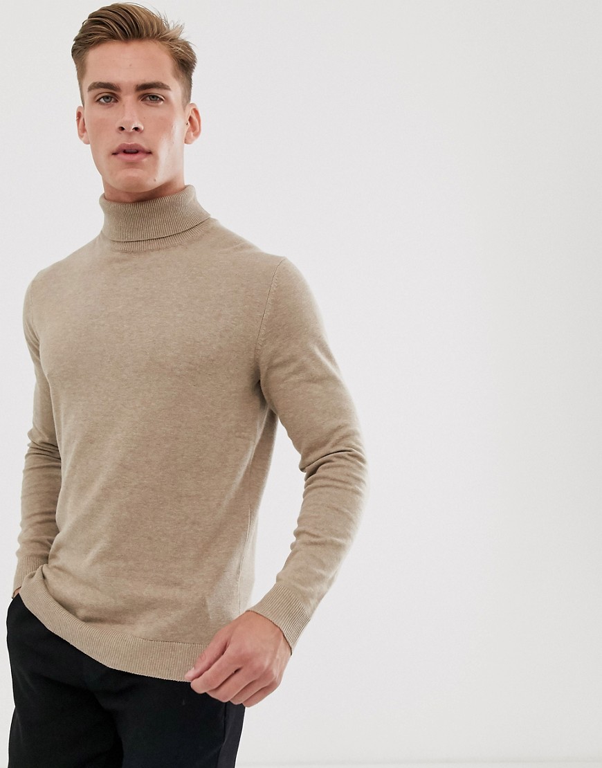 Selected Homme cotton knitted roll neck in sand-Tan