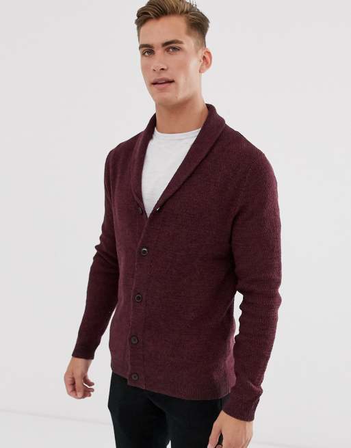 Selected Homme cotton knitted shawl cardigan in burgundy