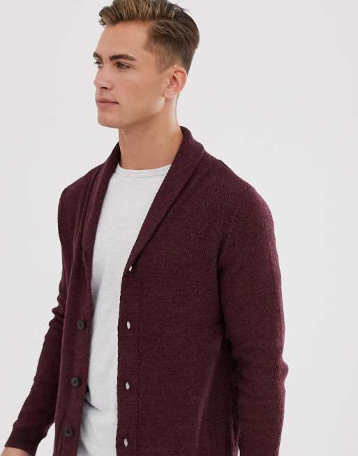 Selected Homme cotton knitted shawl cardigan in burgundy