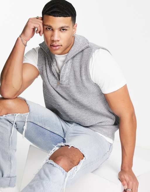 Selected Homme cotton knitted vest with 1/4 zip in gray - GRAY