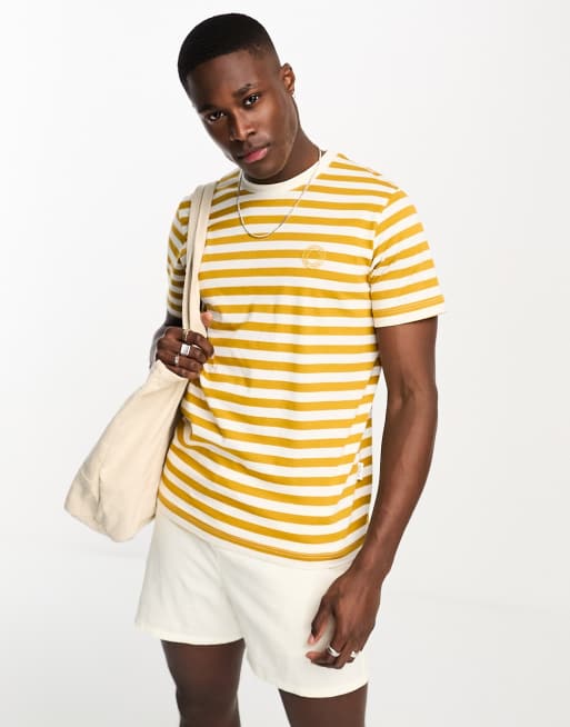 White shirt store with yellow stripes