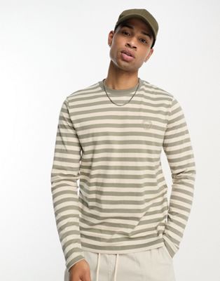 Selected Homme cotton long sleeve logo t-shirt in khaki stripe